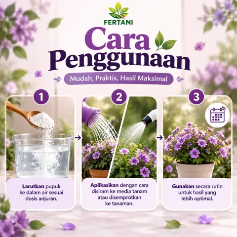 Gambar cara penggunaan dari produsen: pupuk dilarutkan ke air, disiram ke media tanam atau disemprotkan, lalu dipakai rutin
