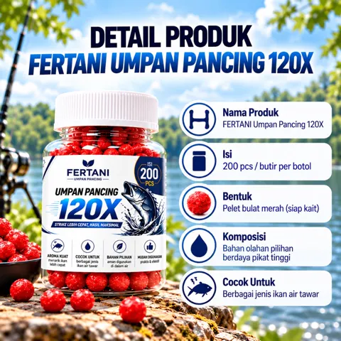 Detail produk Fertani Umpan Pancing 120X: isi 200 butir per botol, pelet bulat merah siap kait, bahan olahan pilihan, untuk berbagai jenis ikan air tawar