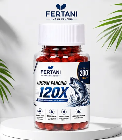Botol Fertani Umpan Pancing 120X berisi pelet bulat merah