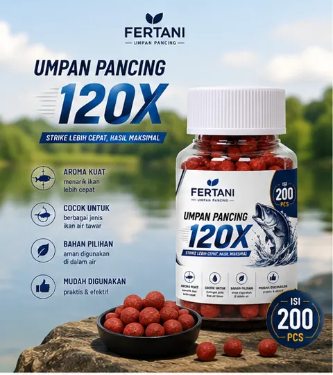 Botol Fertani Umpan Pancing 120X isi 200 butir di atas batu tepi danau, dengan semangkuk pelet bulat merah