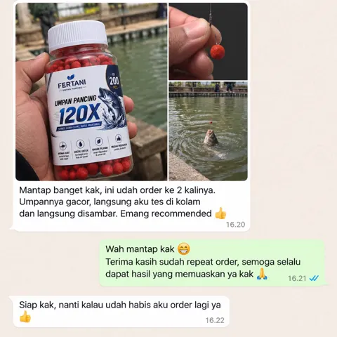 Chat pembeli: botol, umpan di kail, dan ikan di kolam, dengan pesan: Mantap banget kak, ini udah order ke 2 kalinya. Umpannya gacor, langsung aku tes di kolam dan langsung disambar. Emang recommended